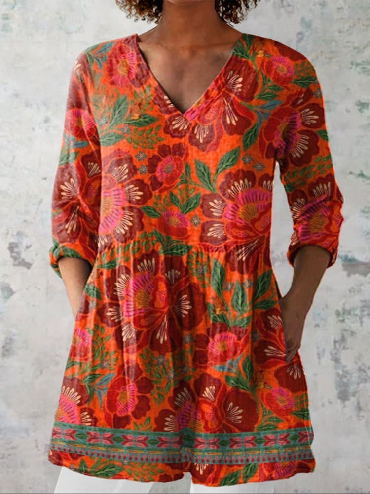 Luna | Ethnic Summer Floral V-Neck Shirt