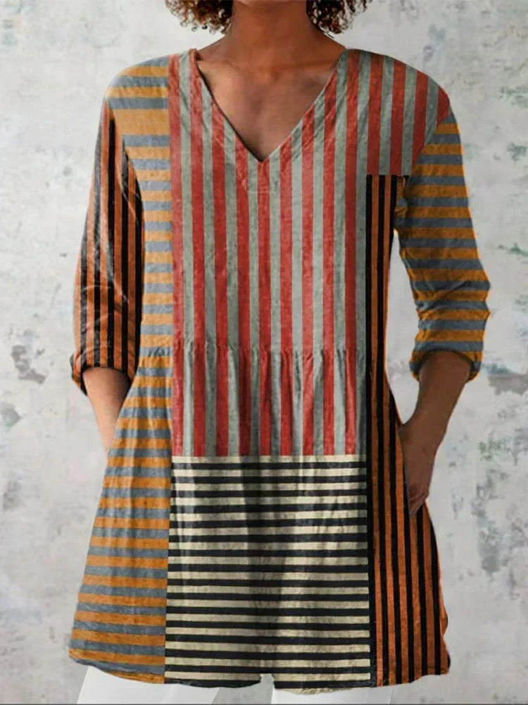 Evelyn | Stripe Patchwork V-Neck Shirt