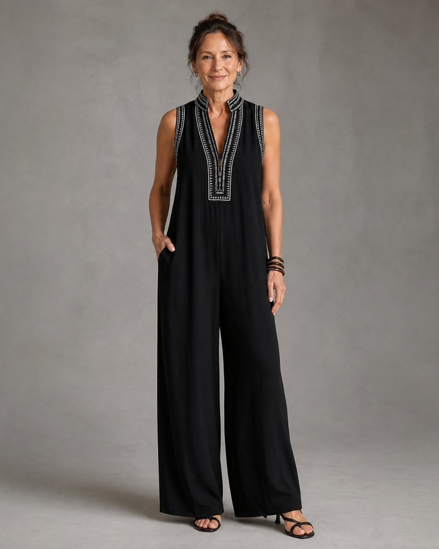 Daisy | Embroidered V Neck Sleeveless Wide Leg Jumpsuit