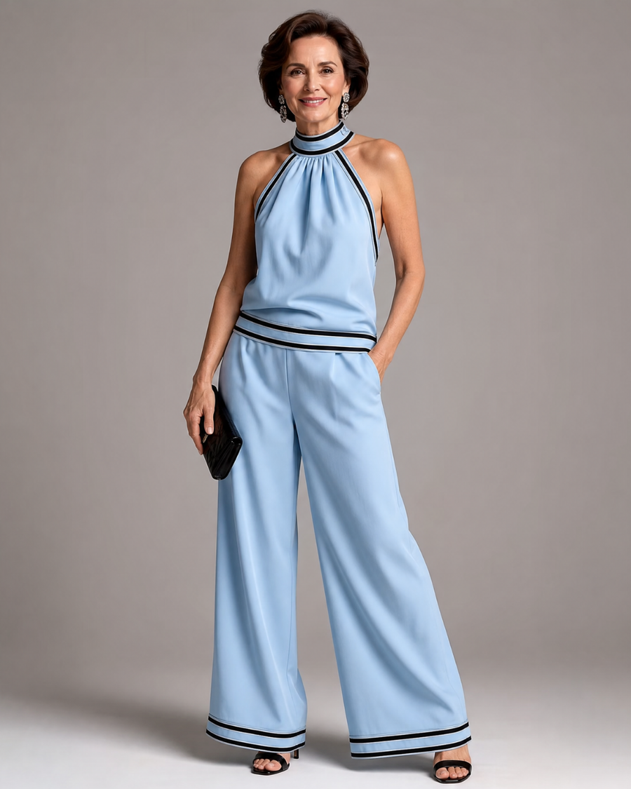 Erica | Contrast Trim Halter Neck Wide Leg Jumpsuit