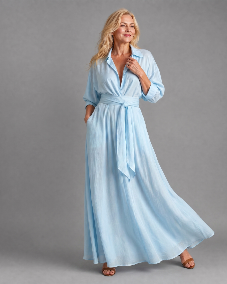 Esther | Belted Collared Flowing Long Sleeve Midi Dress