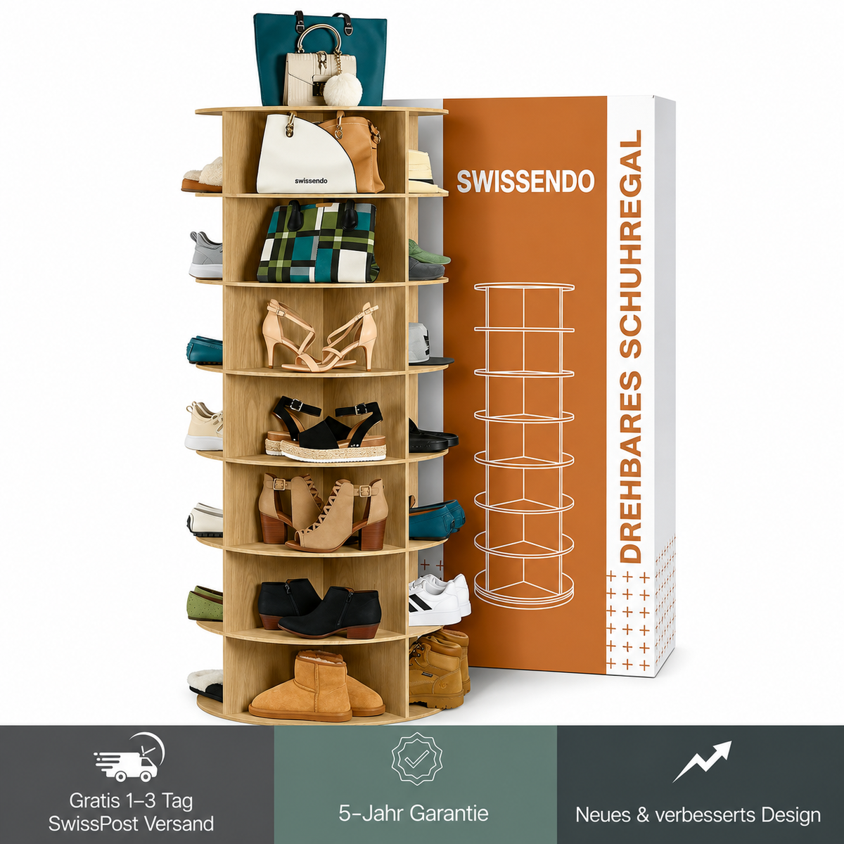 SwissLeben |  360° drehbares Schuhregal – 7-stöckiger Schuh-Organizer im Karussell-Design